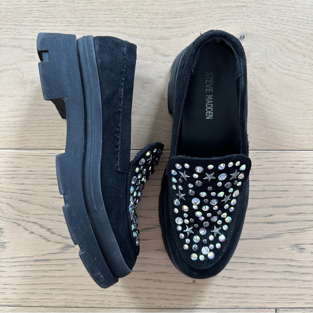 Steve Madden Girls Chunky Black Platform Loafers with Crystal Embellishments